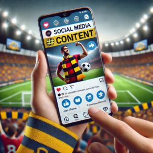 Social Media- Person holding a smartphone with sports team social media post in a stadium setting