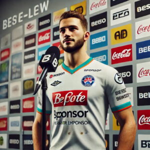 Athlete Endorsement- Athlete at a microphone wearing a shirt covered with various brand logos endorsing products.