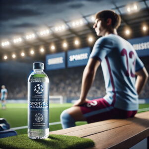 Product placement- Athlete sitting on bench on the sidelines with a branded water bottle.