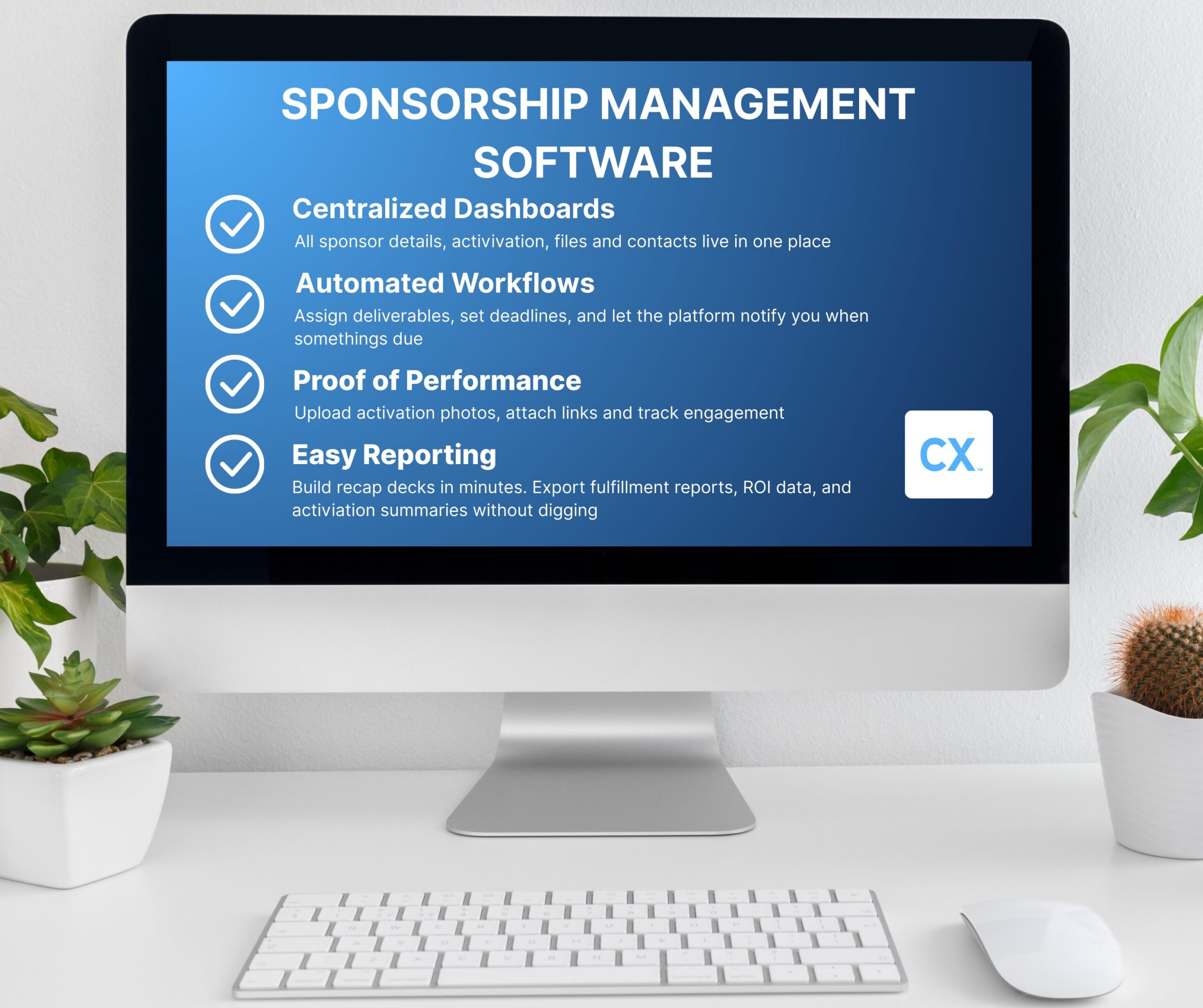 An image of a modern office desk with a silver laptop displaying a sponsorship management software dashboard. The screen shows organized sections with green checkmarks, charts, and task lists related to sponsorship deliverables. The workspace includes a notepad, pen, and potted plant, all bathed in natural light from a nearby window. The image reflects efficiency, organization, and the benefits of using software for sponsorship management.