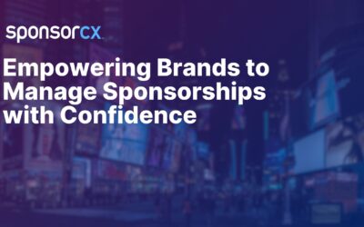 A busy cityscape filled with advertisements, overlaid with the SponsorCX logo and the text “Empowering Brands to Manage Sponsorships with Confidence.”