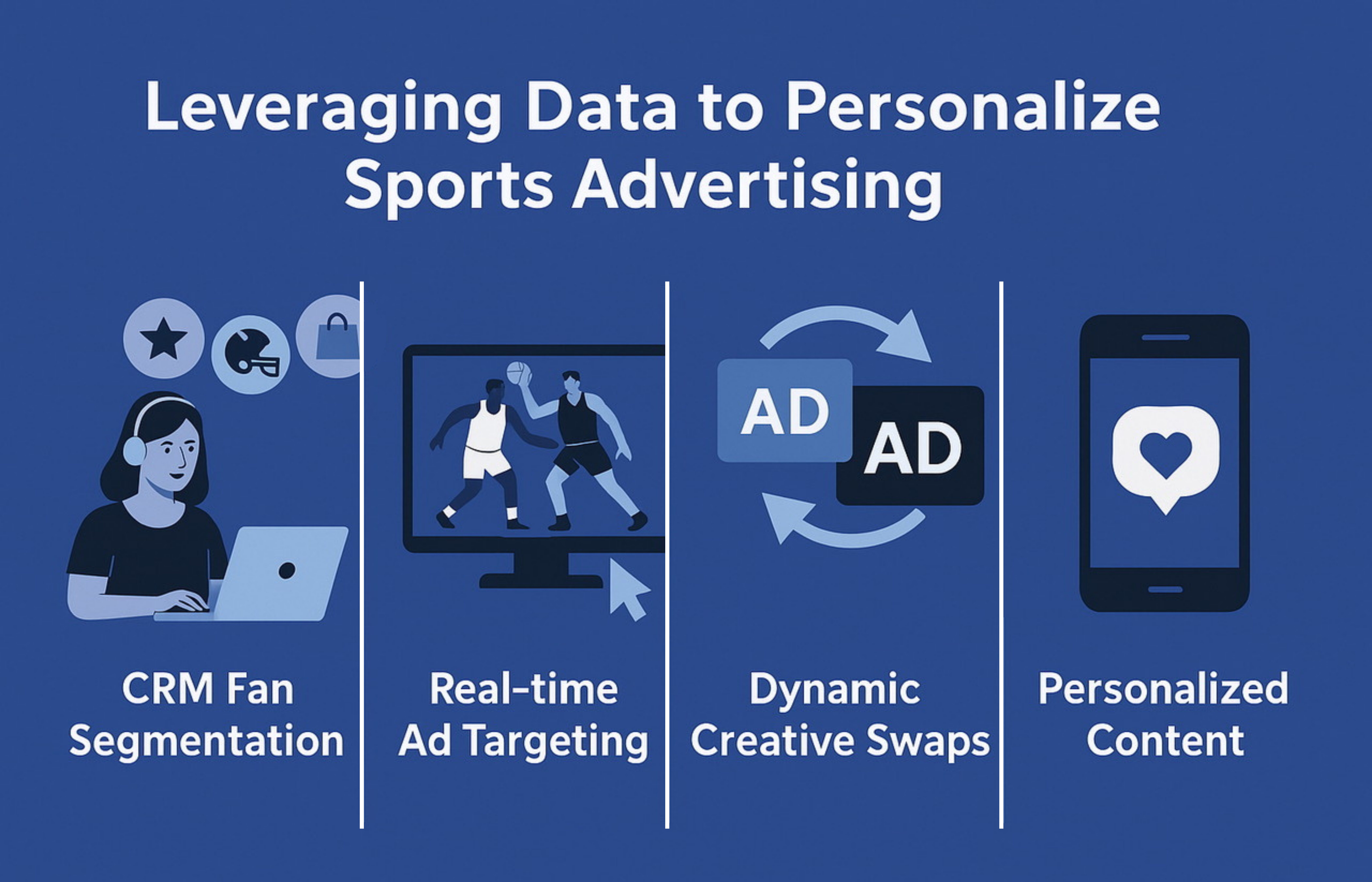 An infographic titled 'Leveraging Data to Personalize Sports Advertising' featuring four illustrated sections: CRM Fan Segmentation with a woman using a laptop, Real-time Ad Targeting with basketball players on a screen, Dynamic Creative Swaps with two 'AD' icons and arrows, and Personalized Content with a smartphone displaying a heart icon.