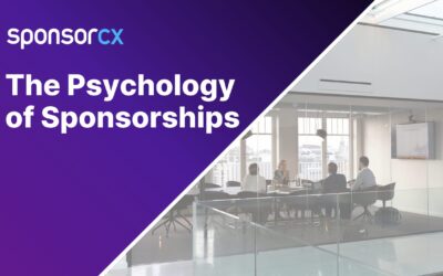 SponsorCX graphic titled 'The Psychology of Sponsorships' with a business meeting scene in a modern office space in the background.