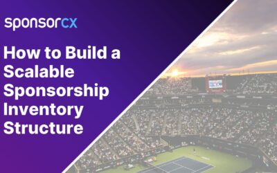 Graphic with a purple gradient background on the left featuring the SponsorCX logo and the text 'How to Build a Scalable Sponsorship Inventory Structure.' On the right, an image of a packed sports stadium during sunset, with fans watching a tennis match.