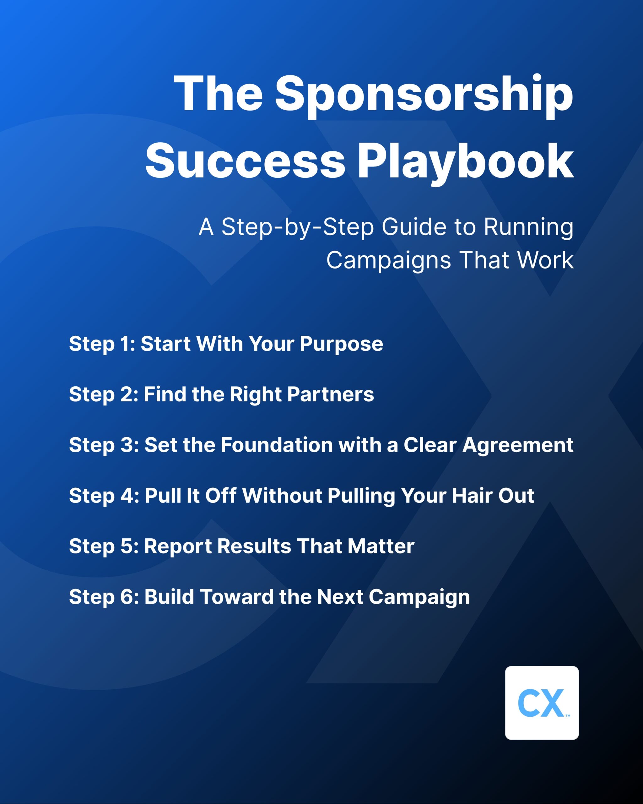 Graphic titled 'The Sponsorship Success Playbook: A Step-by-Step Guide to Running Campaigns That Work' with a blue gradient background and CX logo. The steps listed are: Start With Your Purpose Find the Right Partners Set the Foundation with a Clear Agreement Pull It Off Without Pulling Your Hair Out Report Results That Matter Build Toward the Next Campaign."