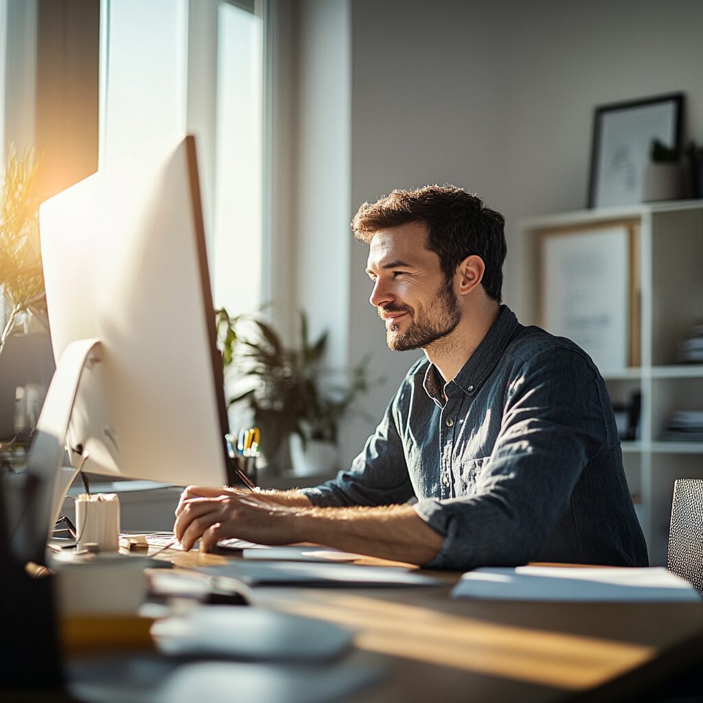 Smiling man sitting at a desk in a bright modern office, working on a large computer monitor with sunlight streaming through the window.