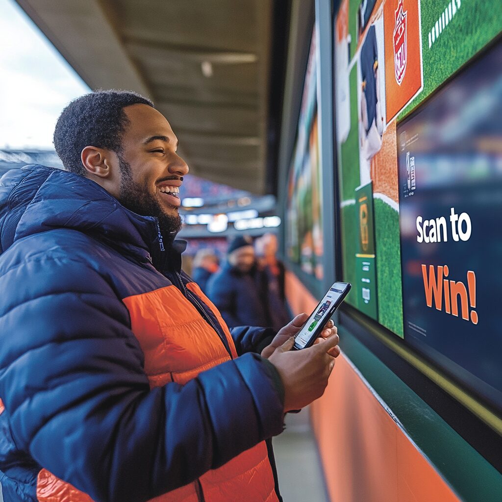 A fan at a sports stadium excitedly scanning a QR code on a wall display to unlock a digital prize. The scene captures the moment of interaction the fan is mid-scan with their smartphone, smiling, surrounded by game-day energy. Nearby signage hints at rewards or discounts ("Scan to Win!"), and subtle sponsor logos are integrated into the design. The background shows a bit of the crowd and venue atmosphere, but the focus is on the fan’s engagement with the digital activation.