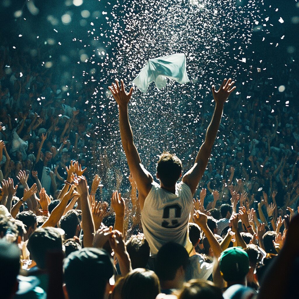 High-energy crowd at a sports arena with fans reaching up as a T-shirt flies through the air and confetti rains down, capturing a moment of excitement and fan engagement.