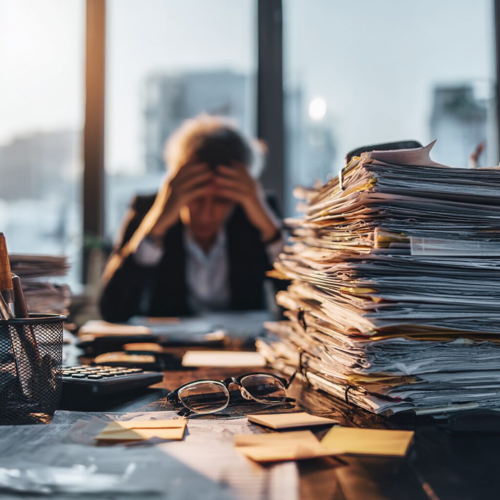 Overwhelmed professional sitting behind a cluttered desk piled high with paperwork and files, symbolizing stress and disorganization.