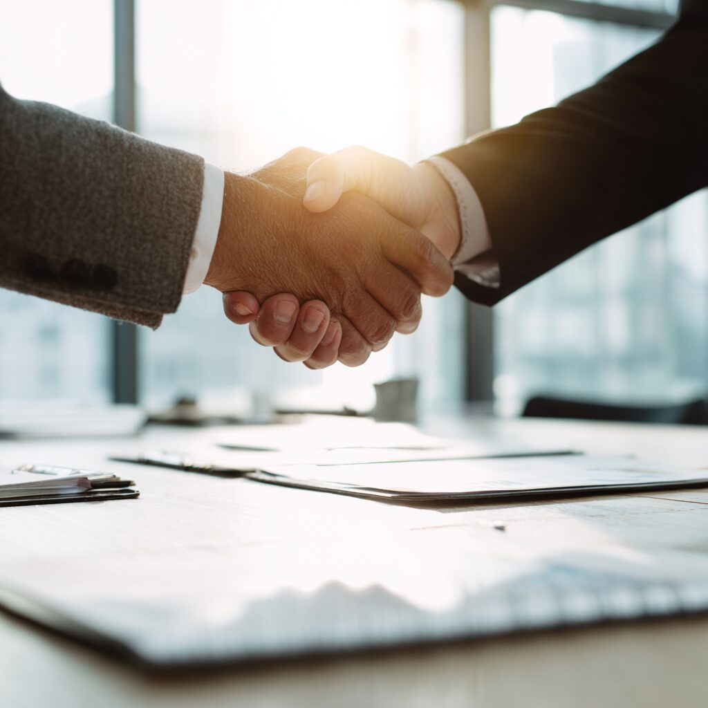 Close-up of two professionals shaking hands across a table with documents, symbolizing partnership and agreement.