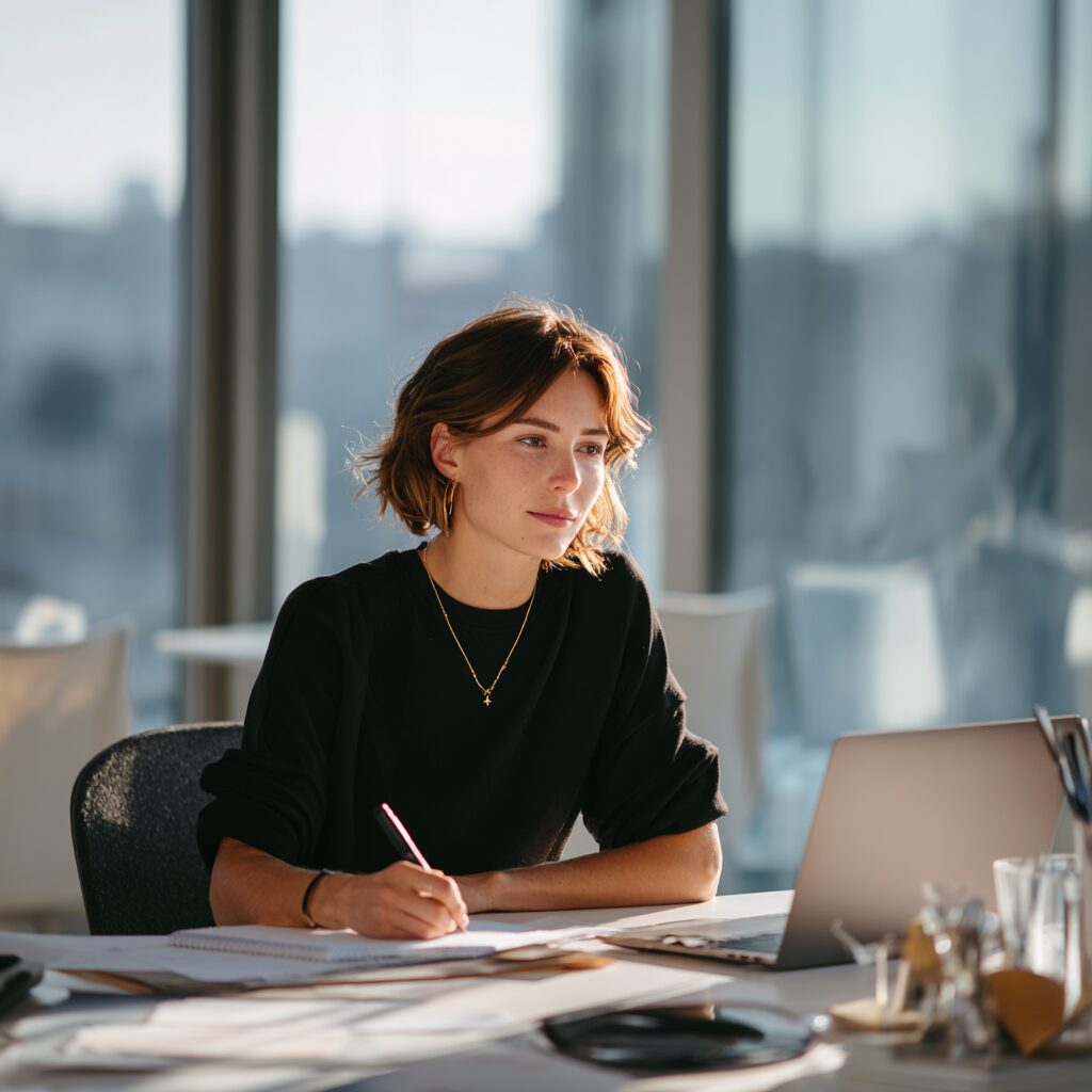 Professional woman sitting at a modern desk, writing notes while working on a laptop in a bright office setting.