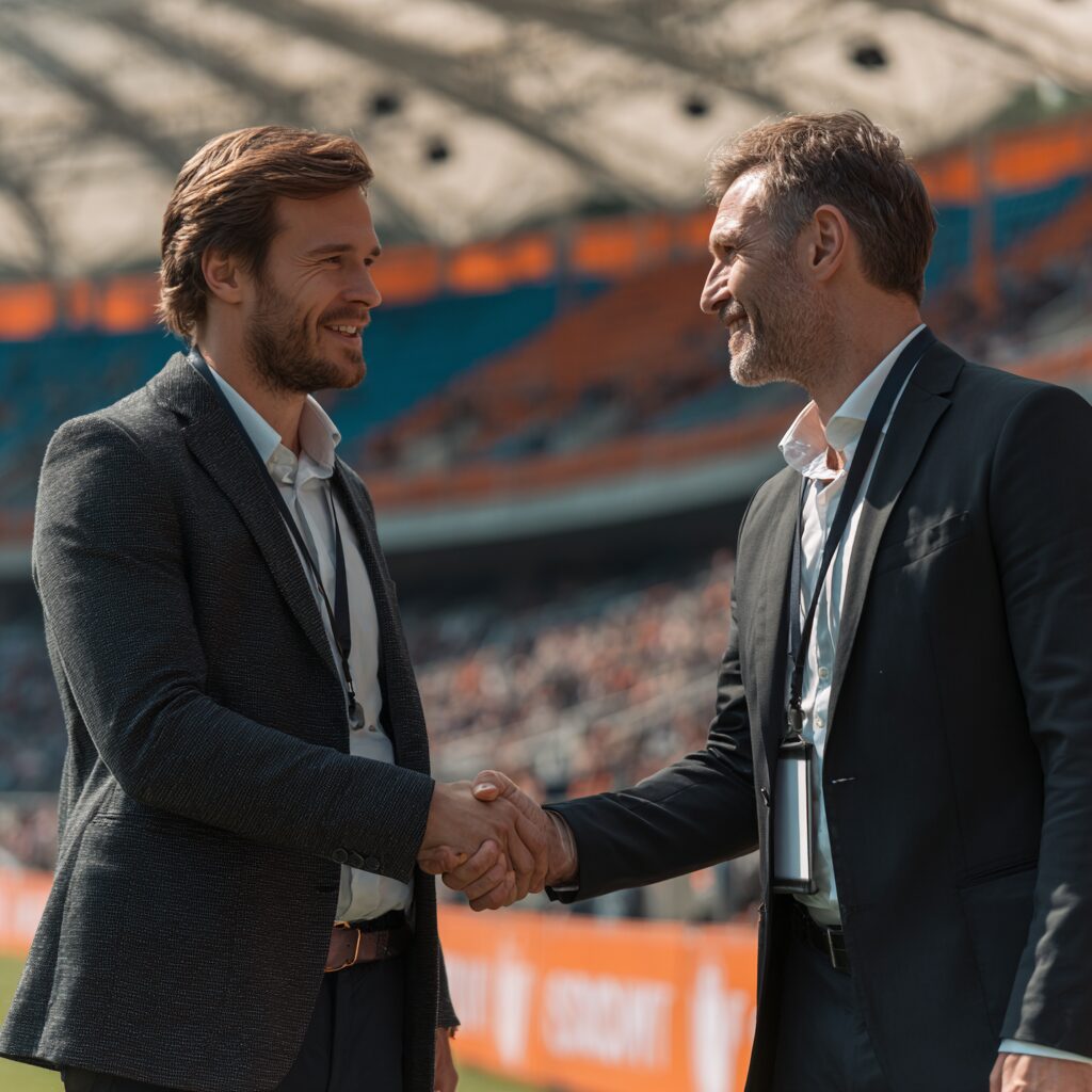 “Two business professionals shaking hands on a sports field, symbolizing a sponsorship partnership, with a stadium crowd in the background.