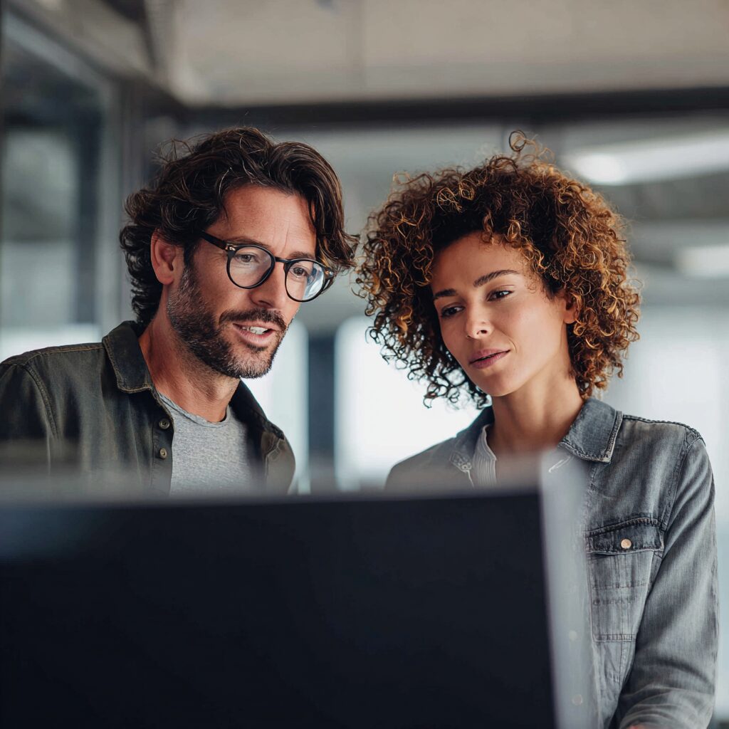 Two business professionals reviewing sponsorship data together on a computer screen