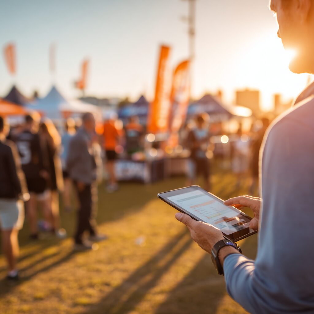 Sponsorship manager reviewing partnership performance data on a tablet during a live event, highlighting real-time activation tracking and relationship management.
