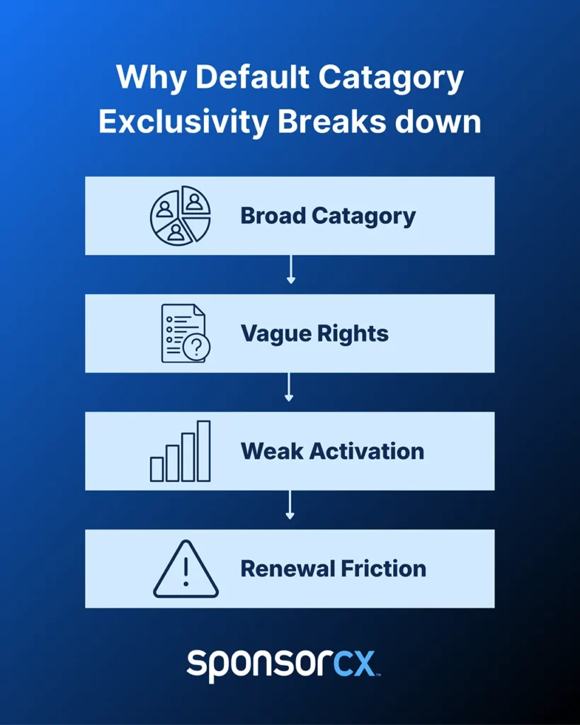 Why Default Category Exclusivity Breaks Down- Vertical infographic titled “Why Default Category Exclusivity Breaks Down,” showing a top-to-bottom flow from Broad Category to Vague Rights to Weak Activation, ending with Renewal Friction, connected by arrows to illustrate cause and effect.