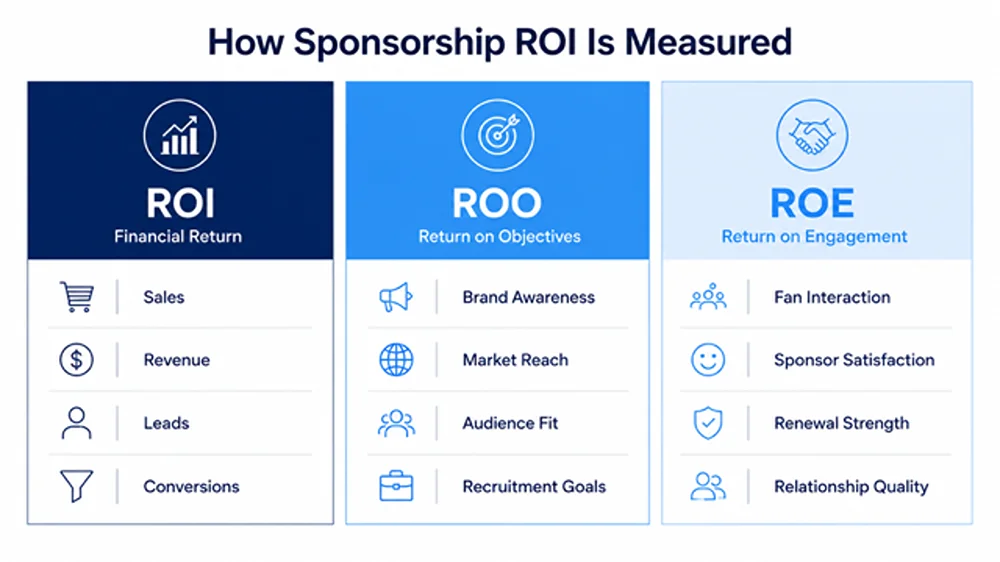 How Sponsorship ROI Is Measured- Minimal SaaS-style infographic comparing three sponsorship measurement models: ROI for financial return, ROO for objectives, and ROE for engagement, using clean icons, segmented layouts, and blue editorial color coding on a white background.